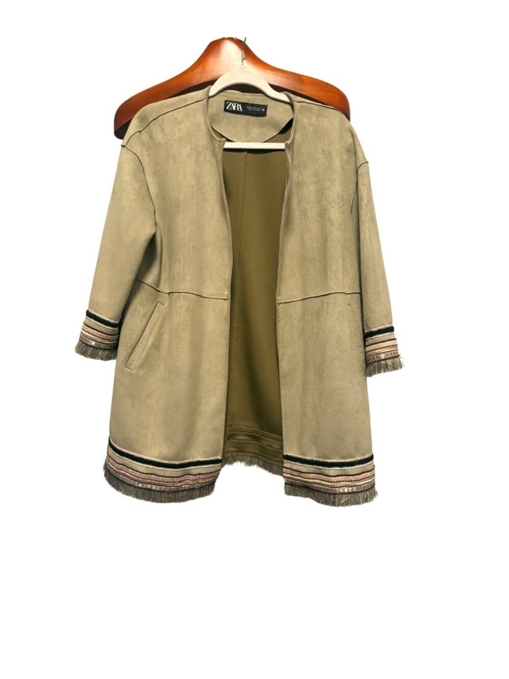 Zara Tan Faux Suede Open Front Jacket with Embroidered Fringe